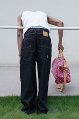 STEEPC Layered-Pockets Double-Waistband Raw Jeans