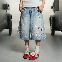 MAKEMORE Anime Sticker Washed Denim Shorts