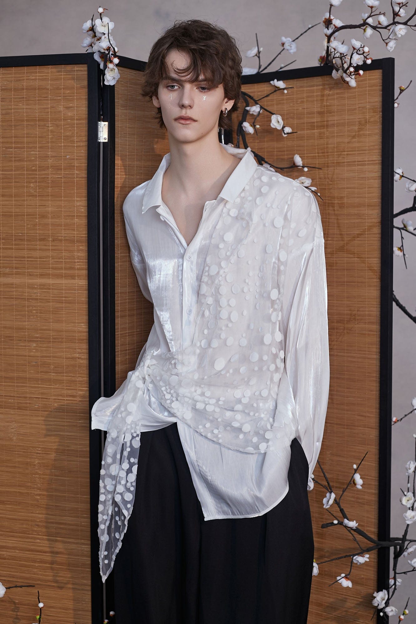 JIECHI Dots Tulle Drape Iridescent Shirt