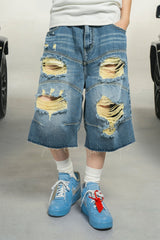 MAKEMORE Distressed Arc Spliced Ripped Denim Shorts