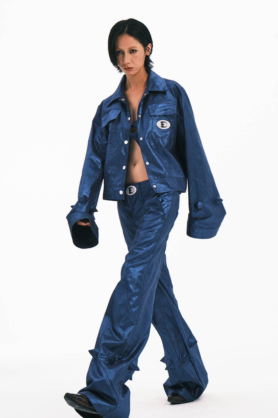 EMBRYO Metallic Sheen Embossed Spiked Sleeve Jacket