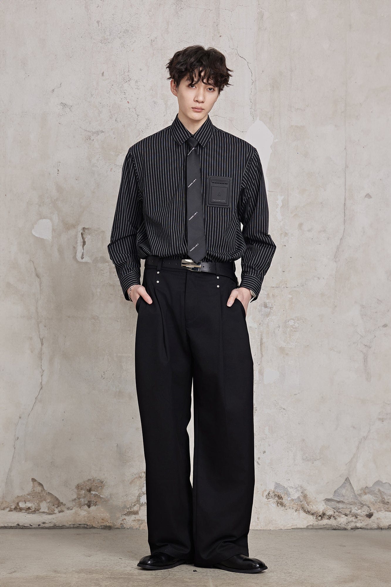 FACEONLAB Striped Patch-Pocket Poplin Shirt