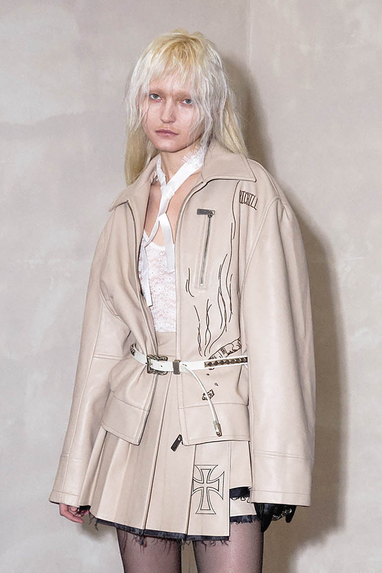 RICHILL Cigarette Embroidery Faux Leather Jacket