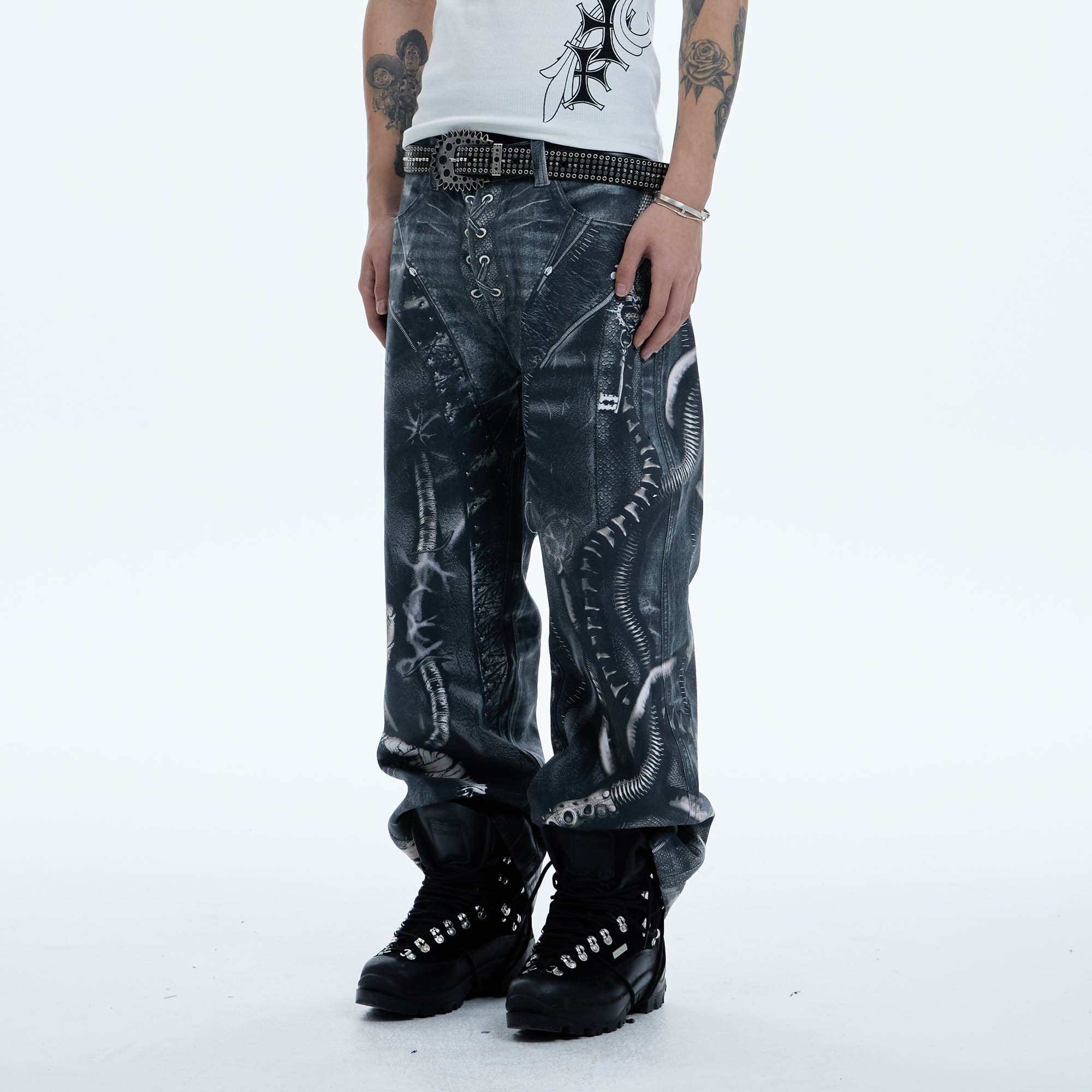 DND4DES Industrial Pipe Lace-Up Graphic Baggy Jeans