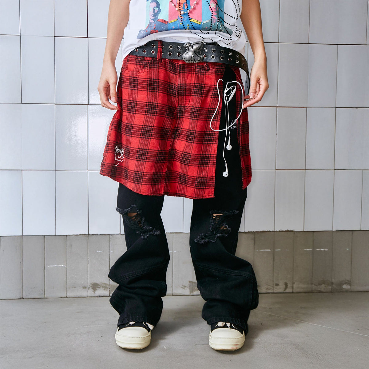 VINKID Plaid Skirt Overlay Ripped Jeans