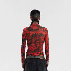 RTVG Calligraphy Full-Print Turtleneck Slim L/S Tee