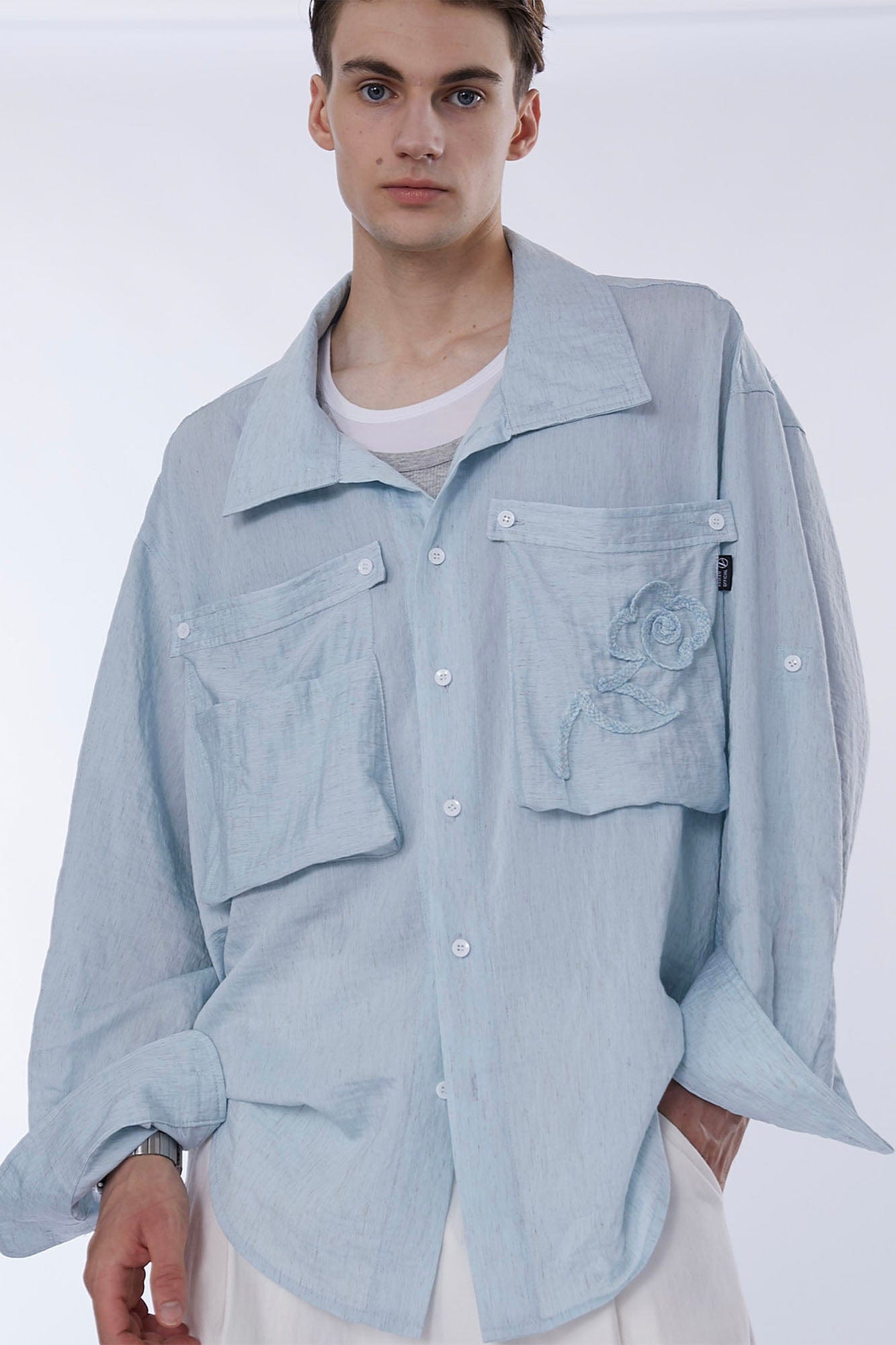 ASSEEN Rose Embroidered Pocket Linen-Blended Overshirt