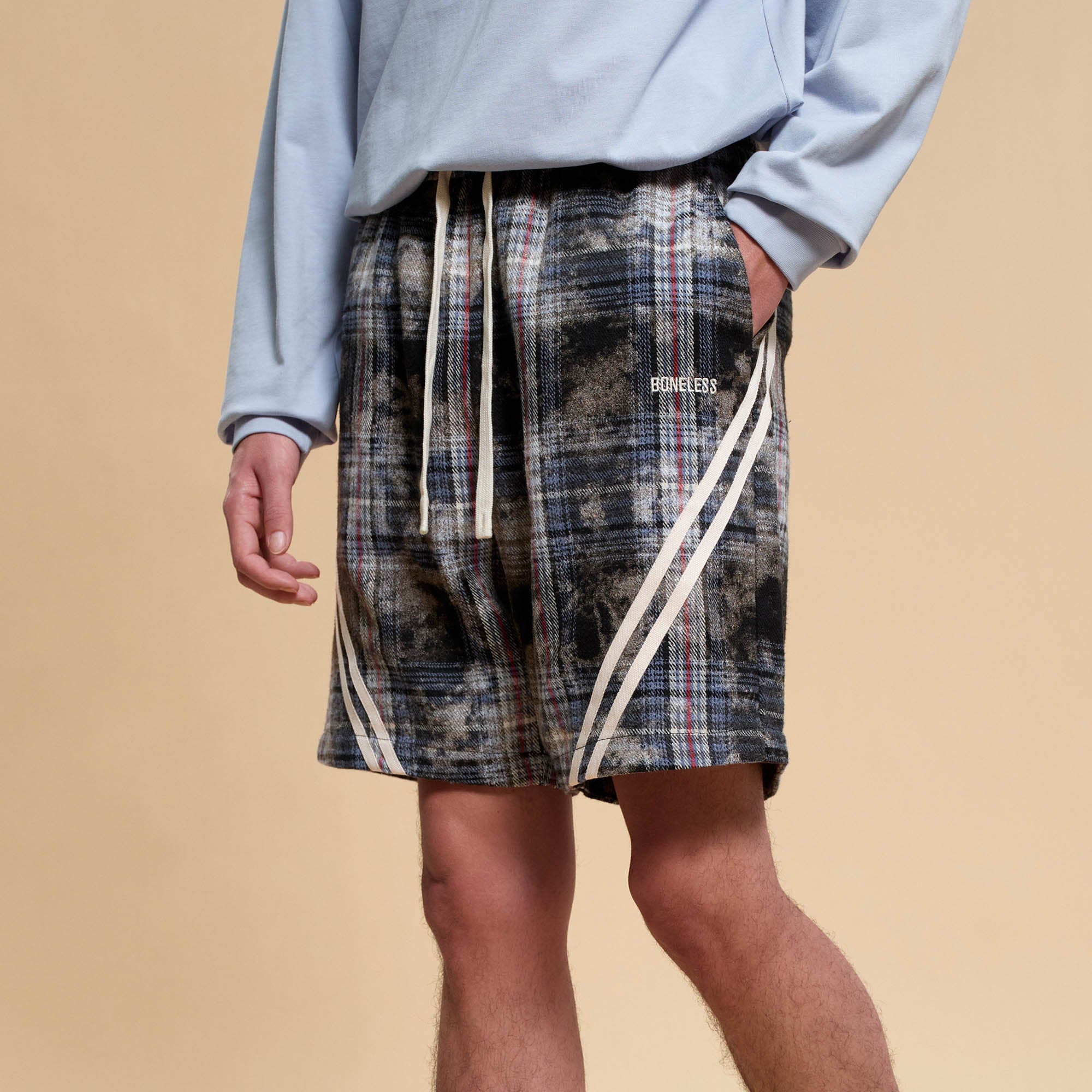 BONELESS Plaid Distressed Drawstring Shorts
