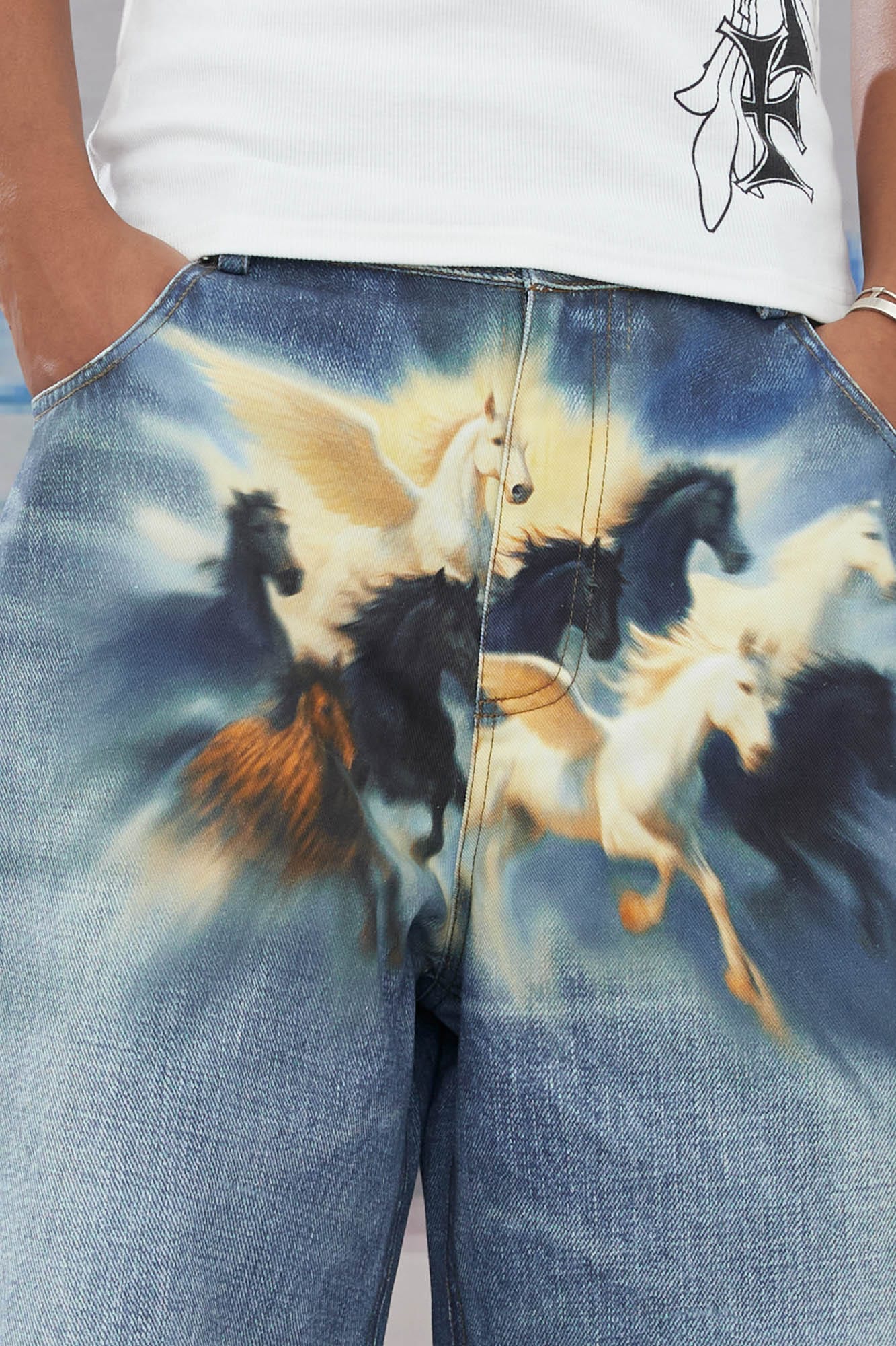 DND4DES Horse Graphics Washed Bermuda Denim Shorts