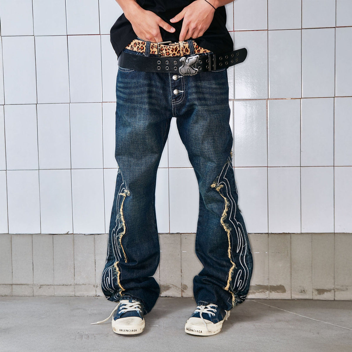 VINKID Swirl Embroidery Patchwork Jeans