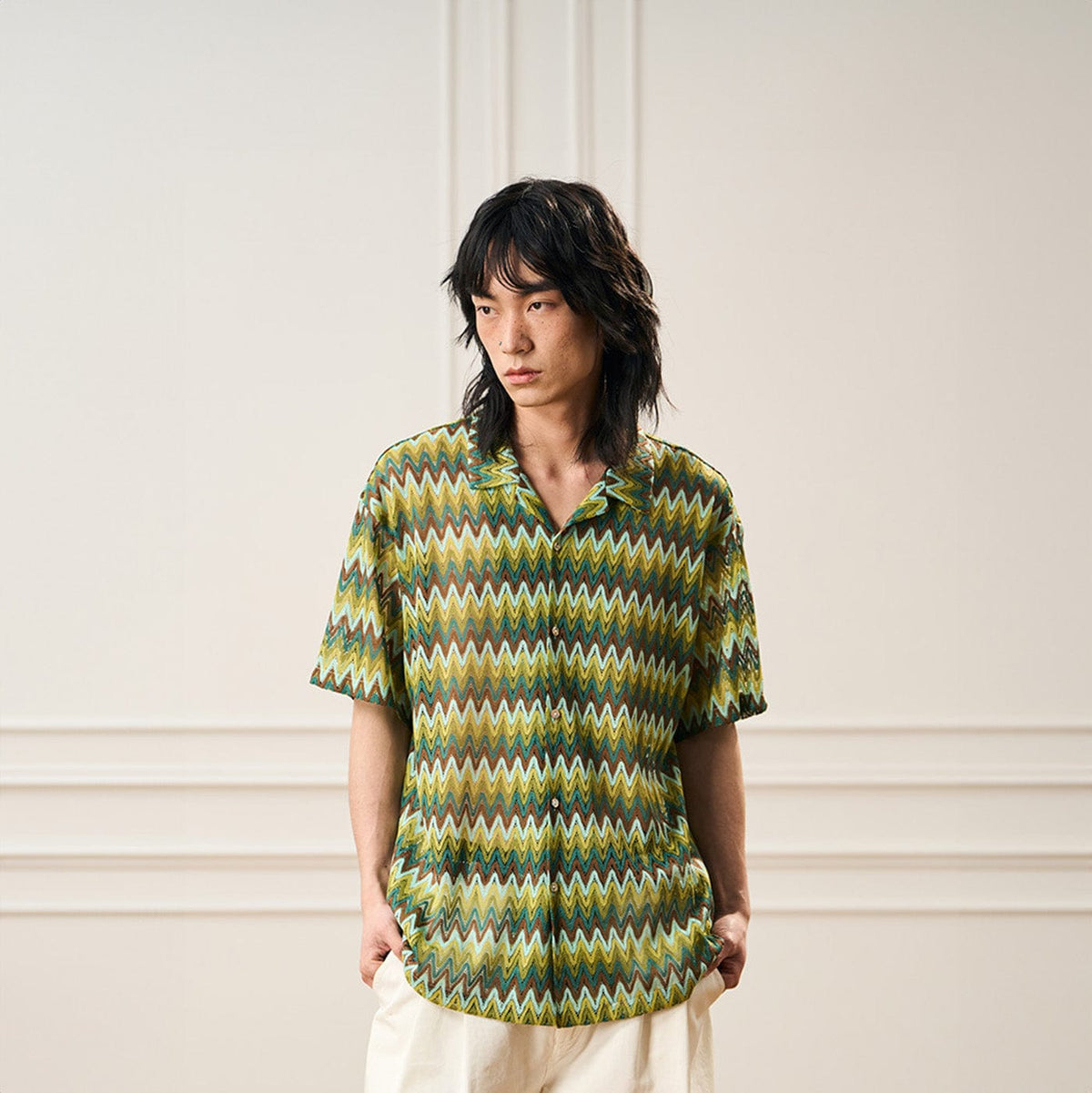 EPIC POETRY Geometric Ripple Knitted Half Shirt Watermelon