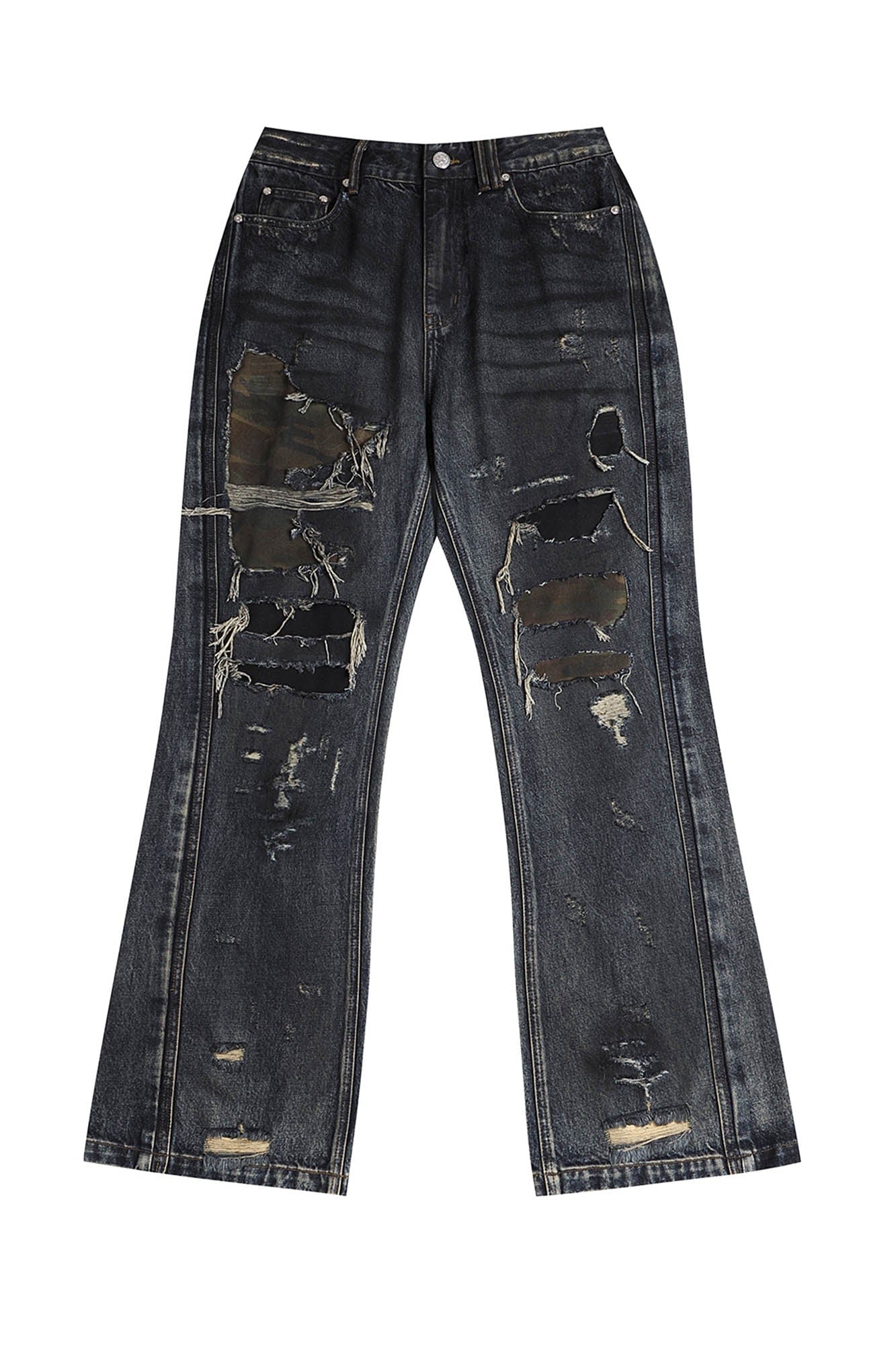 FACEONLAB Distressed Heavy Ripped Flared Jeans