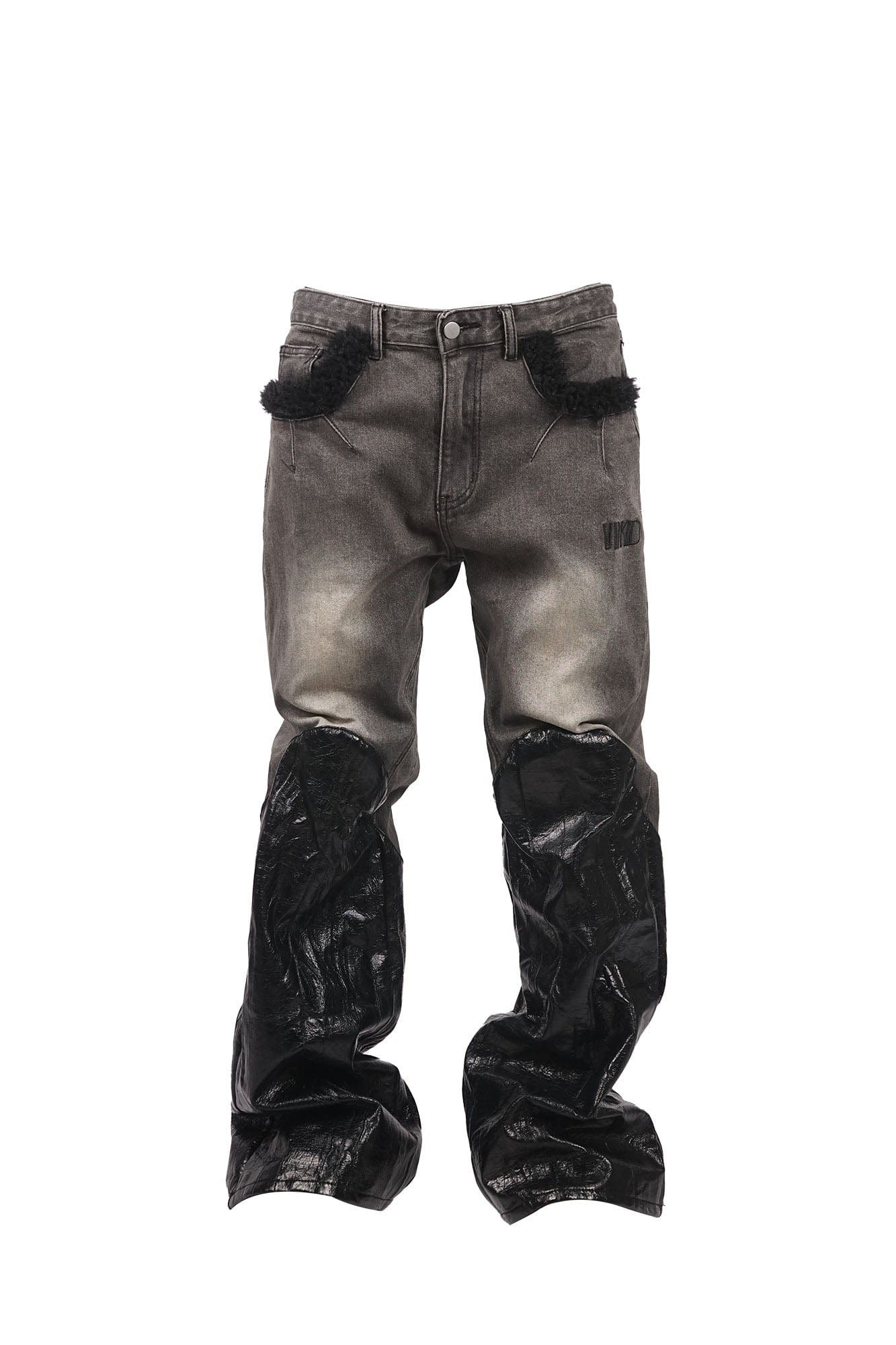 VINKID Faux Fur & Leather Paneled Washed Jeans