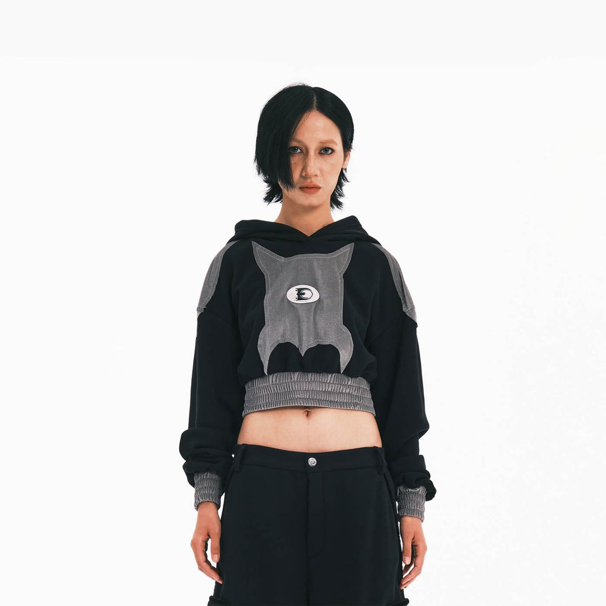 EMBRYO Bat Patchwork Cropped Hoodie