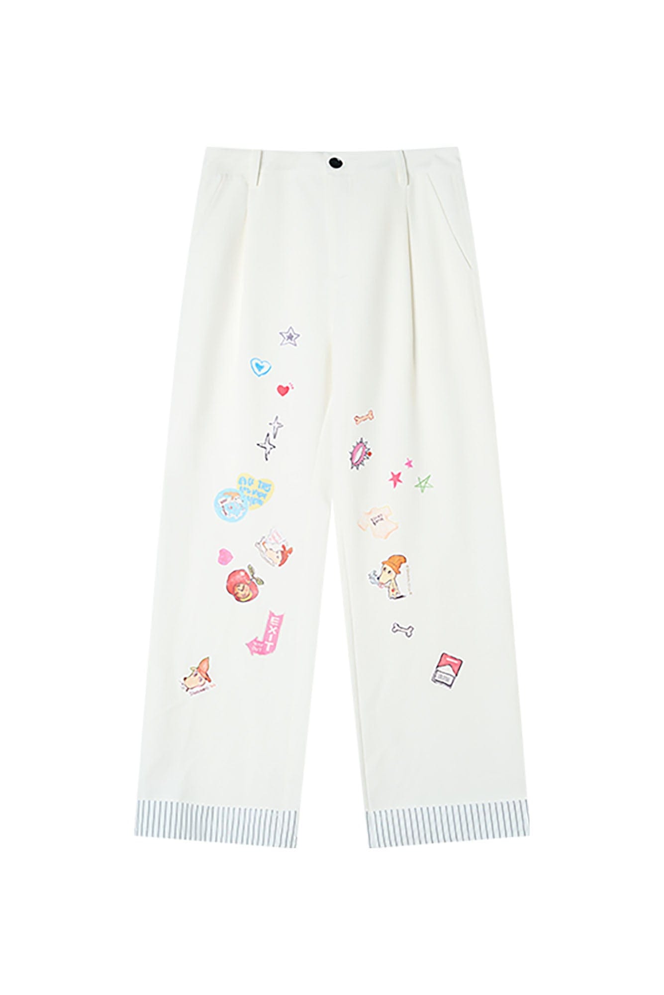 DONSMOKE Puppy Sticker Fold Striped Hem Trousers