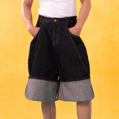 CLP Folded-Hem Spliced Denim Shorts