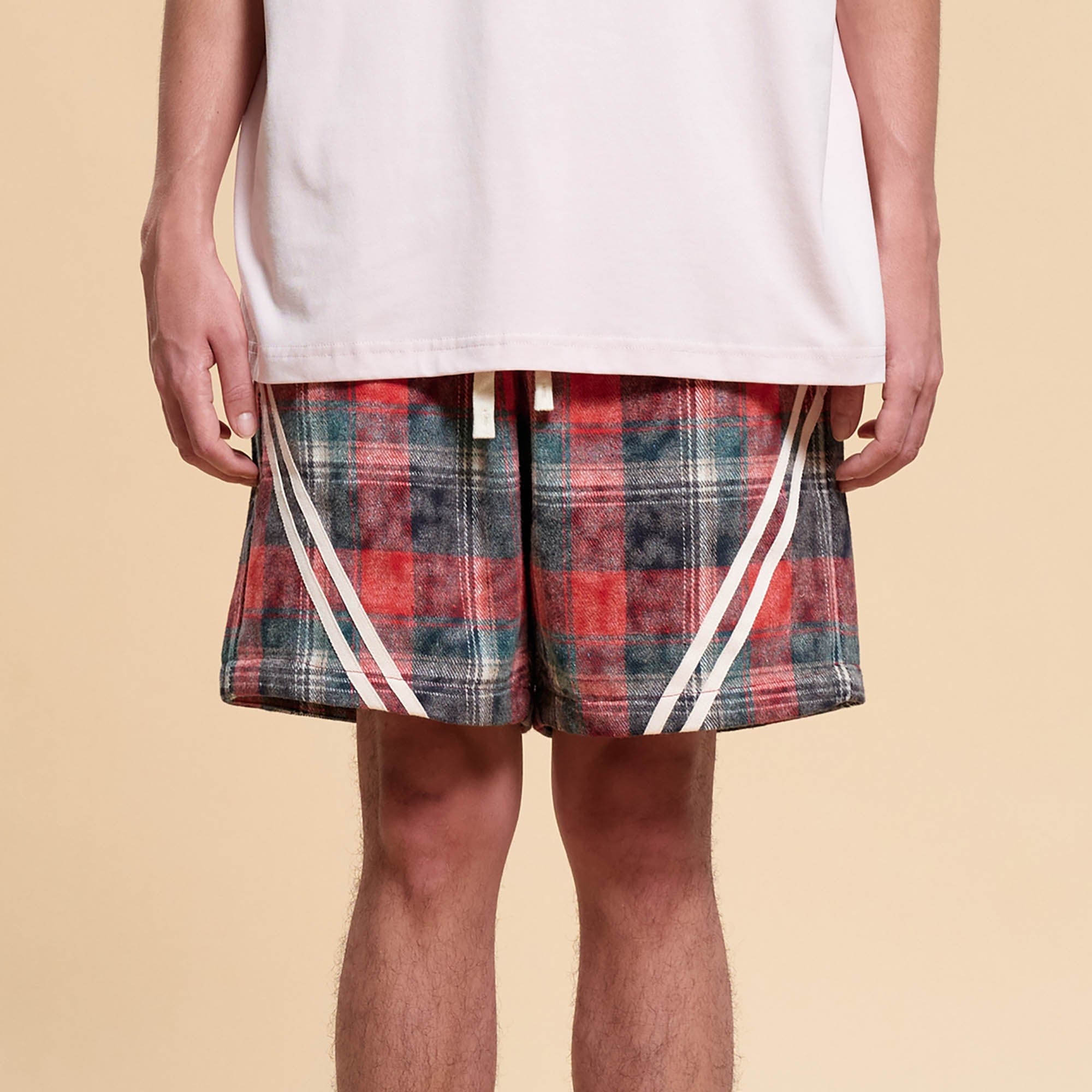 BONELESS Plaid Distressed Drawstring Shorts