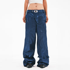 EMBRYO Metallic Devil Horned Wide-Leg Paneled Pants Blue