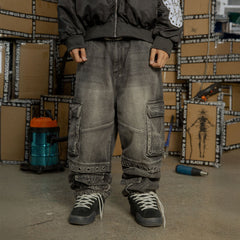 BLACK8MOB Washed Multi-Pocket Grommet Stacked Cargo Jeans