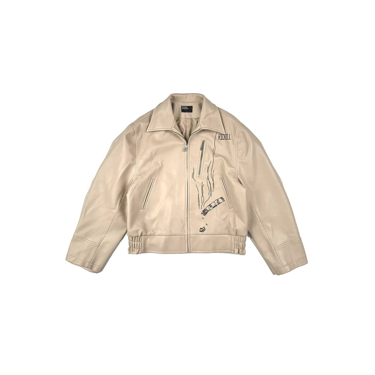 RICHILL Cigarette Embroidery Faux Leather Jacket