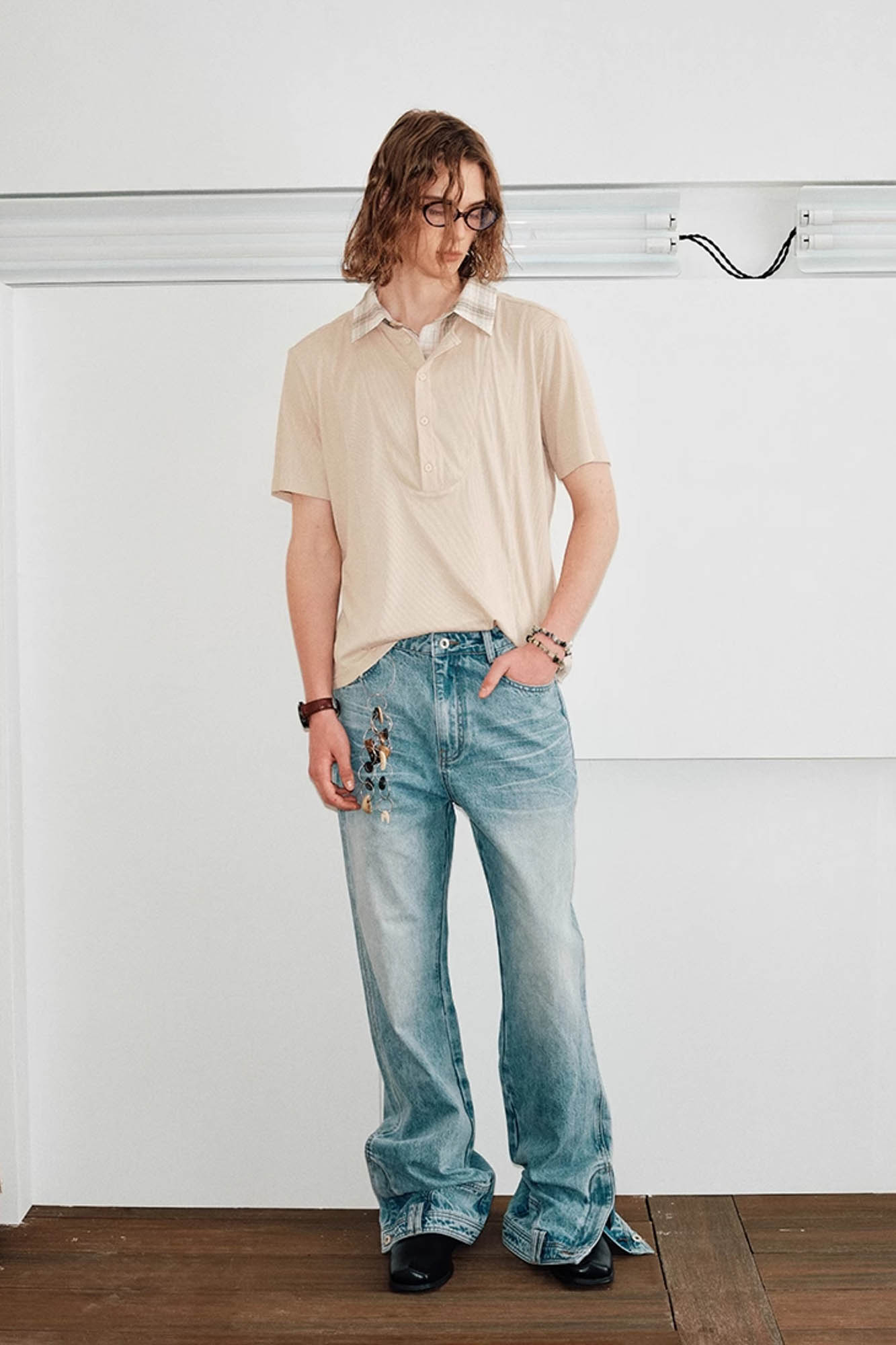 KREATE Layered Plaid Collar Polo T-Shirt