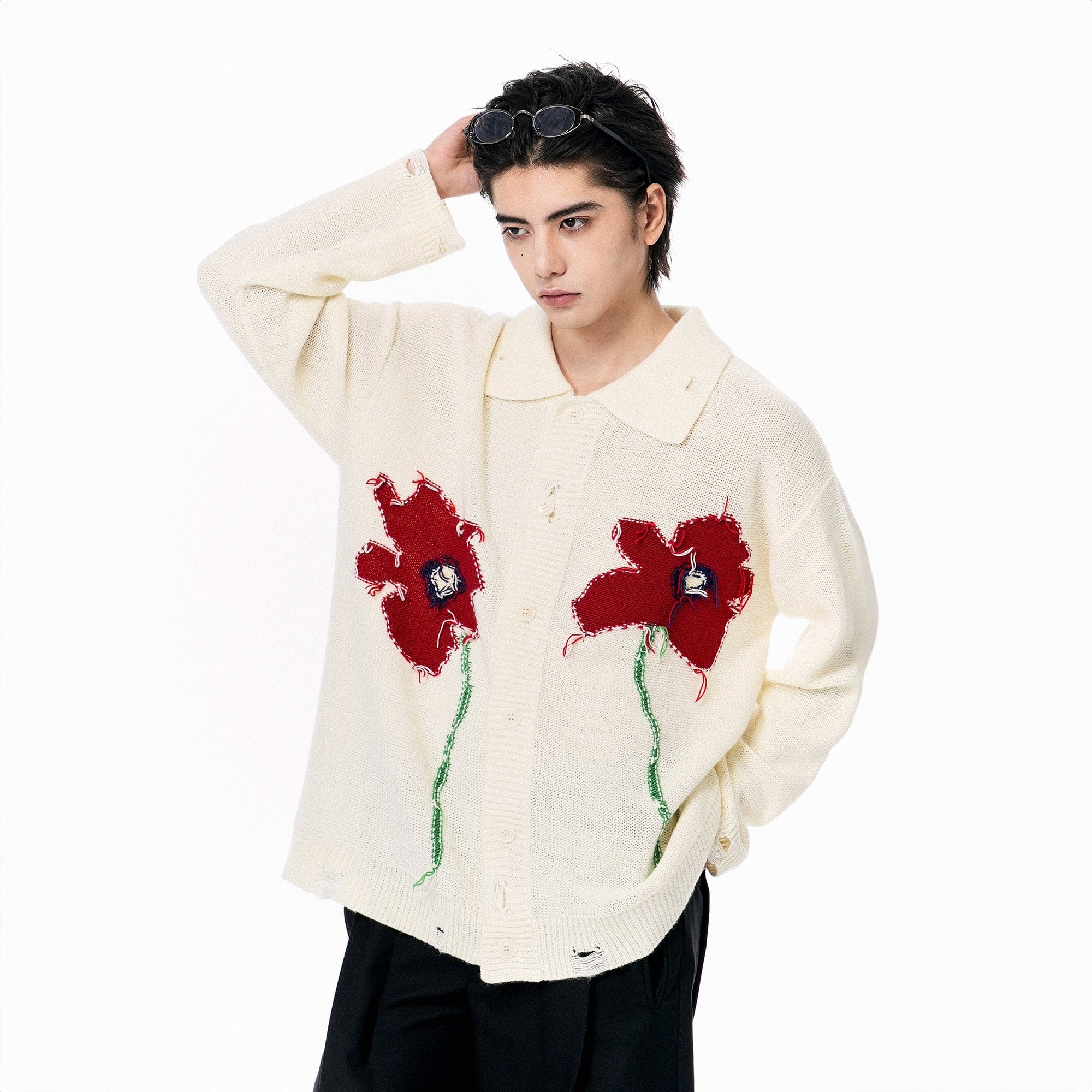 OIPWORD Spring Flower Distressed Cardigan