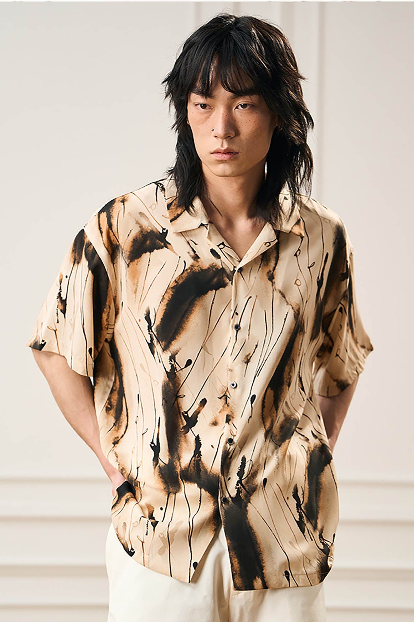 EPIC POETRY Ink Splash Cuban Half Shirt Brown
