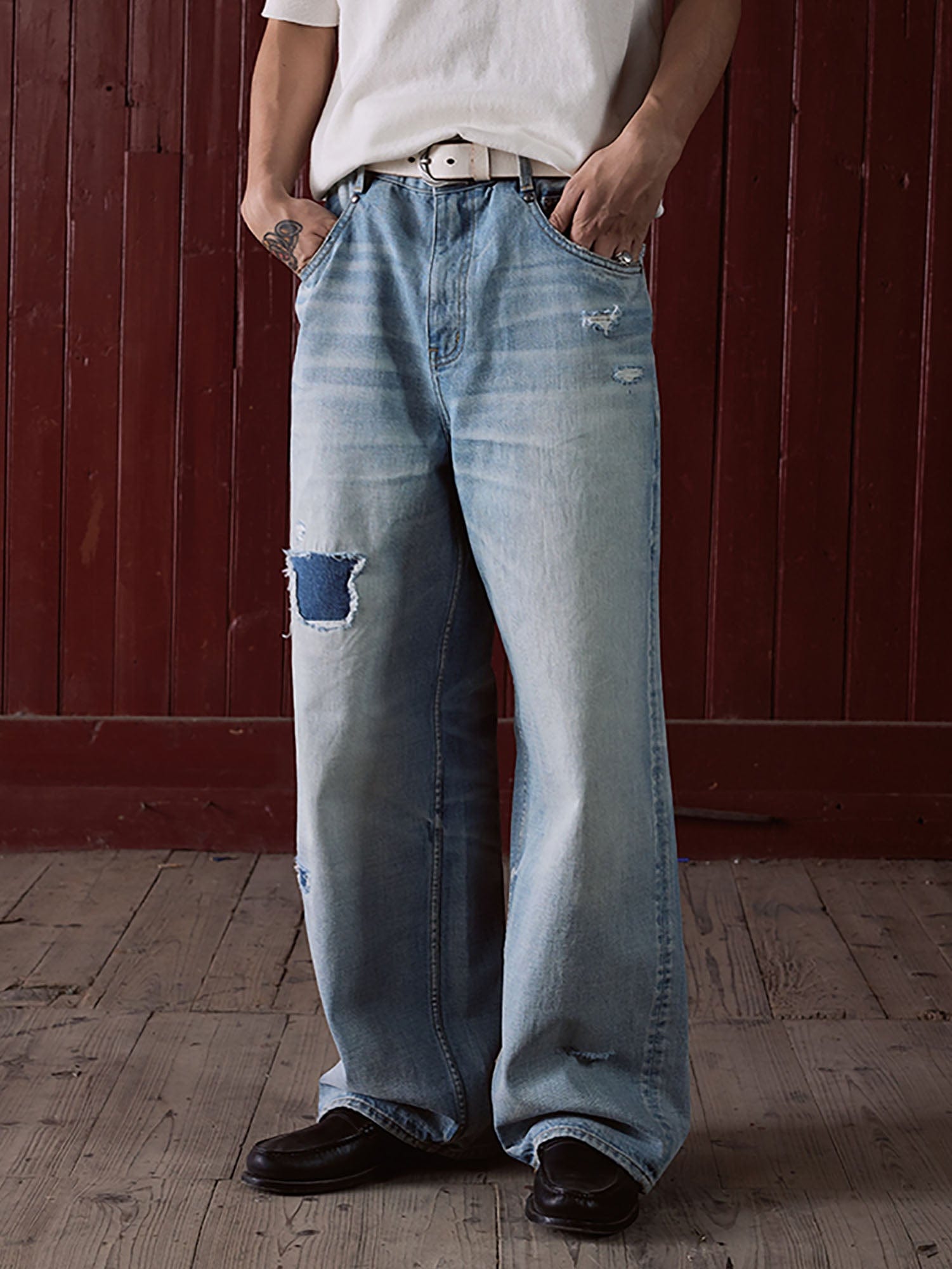 IN EXISTENCE Distressed Patchwork Creased Washed Wide-Leg Jeans