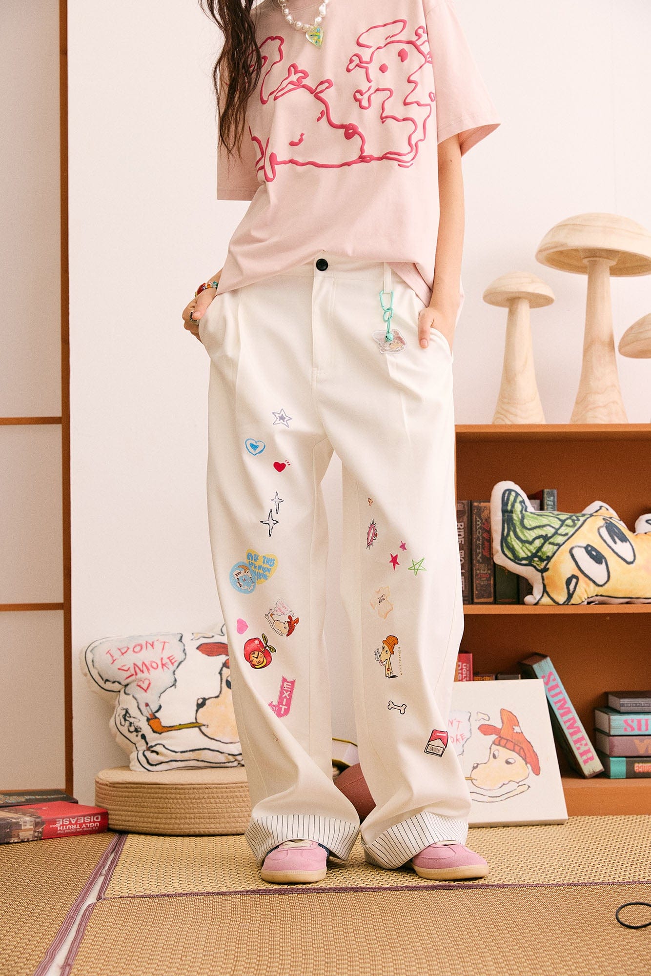 DONSMOKE Puppy Sticker Fold Striped Hem Trousers