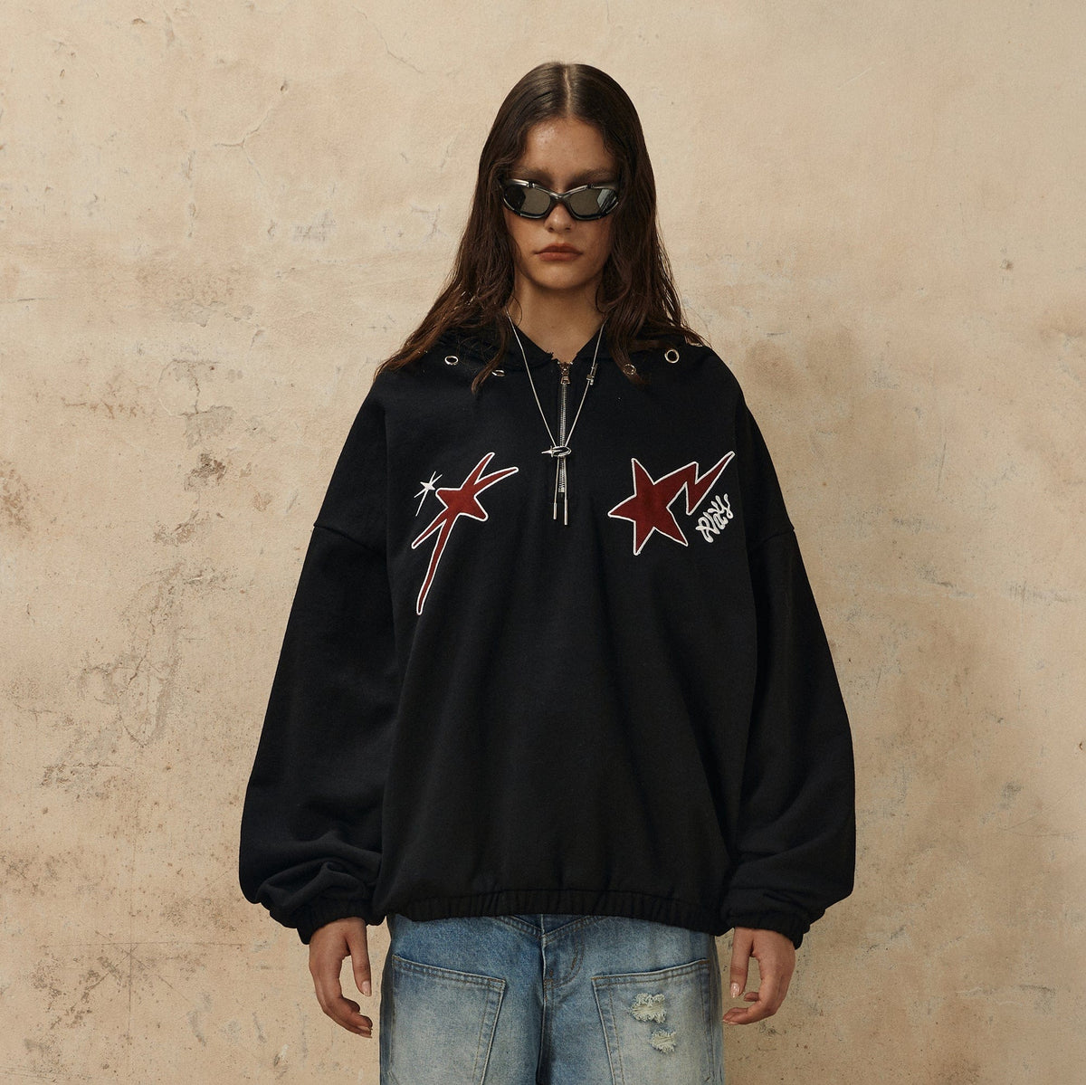 OVDY Star Embroidery Punk Zip-Up Hoodie