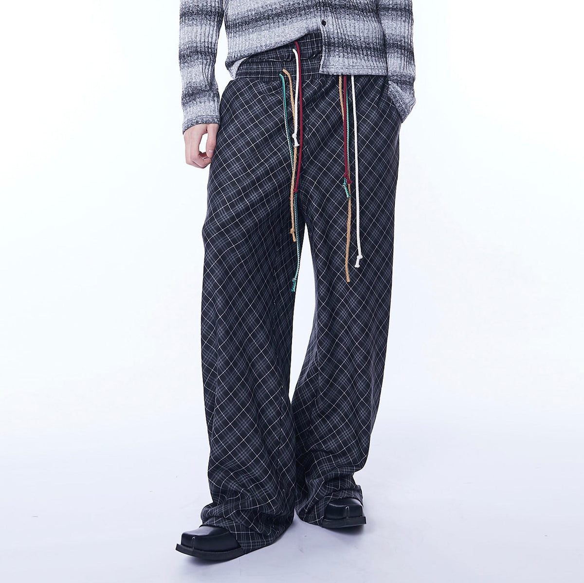 ASSEEN Plaid Double-Waist Drawstring Wide-Leg Pants