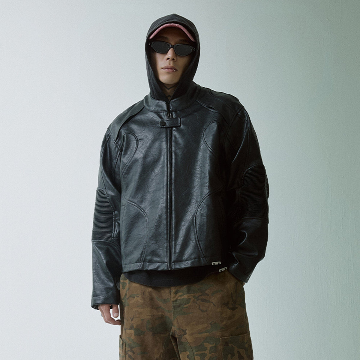 F2CE Modern Deconstructed Faux Leather Biker Jacket Black
