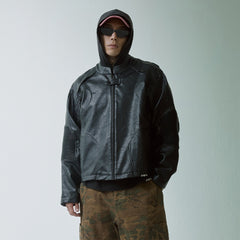 F2CE Modern Deconstructed Faux Leather Biker Jacket Black