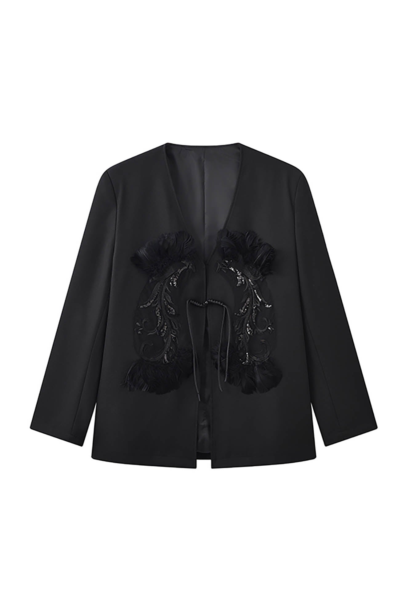 JIECHI Feather Embellished Sequin Embroidered Blazer
