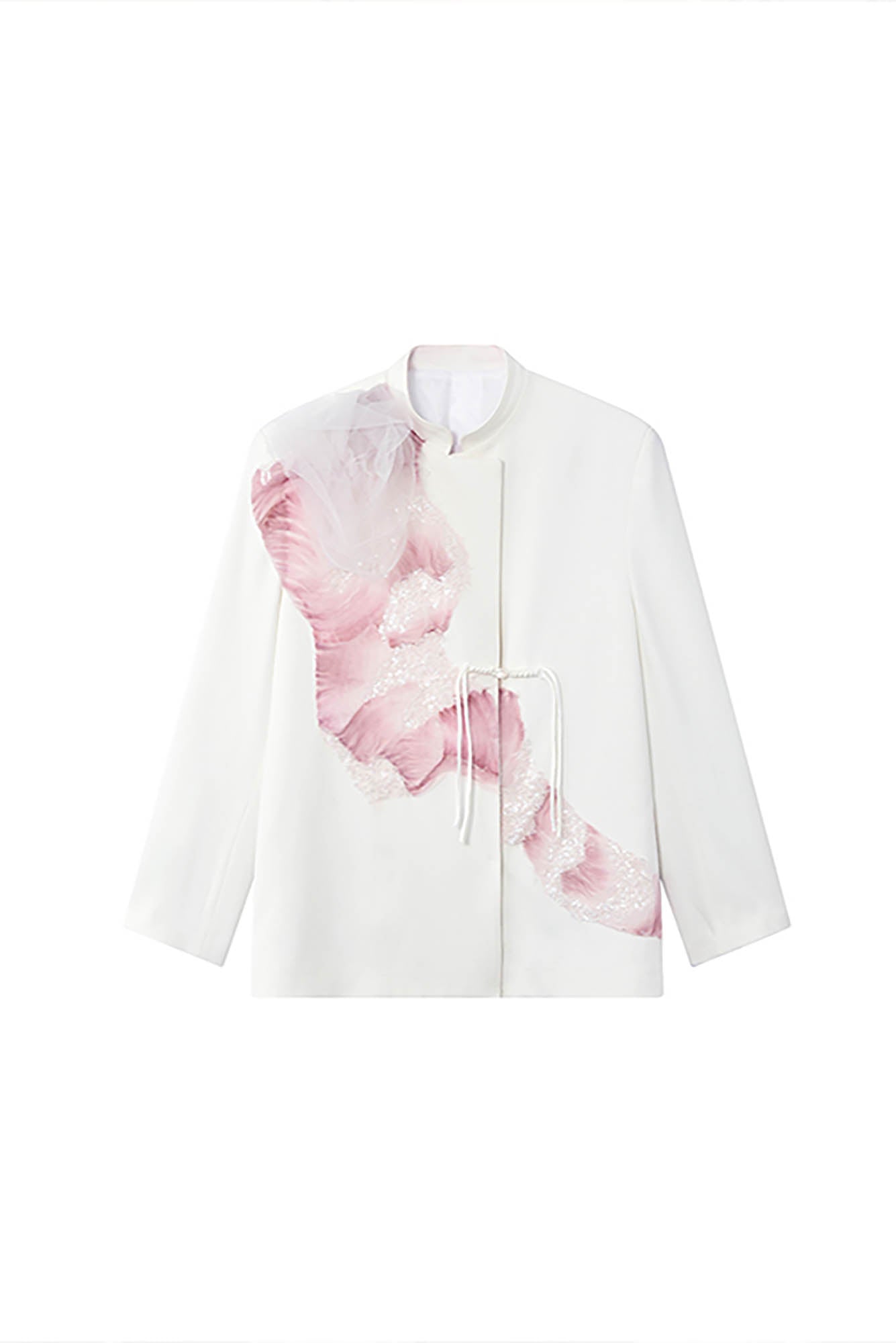 JIECHI Asymmetrical Ruffled Tulle Embellished Blazer