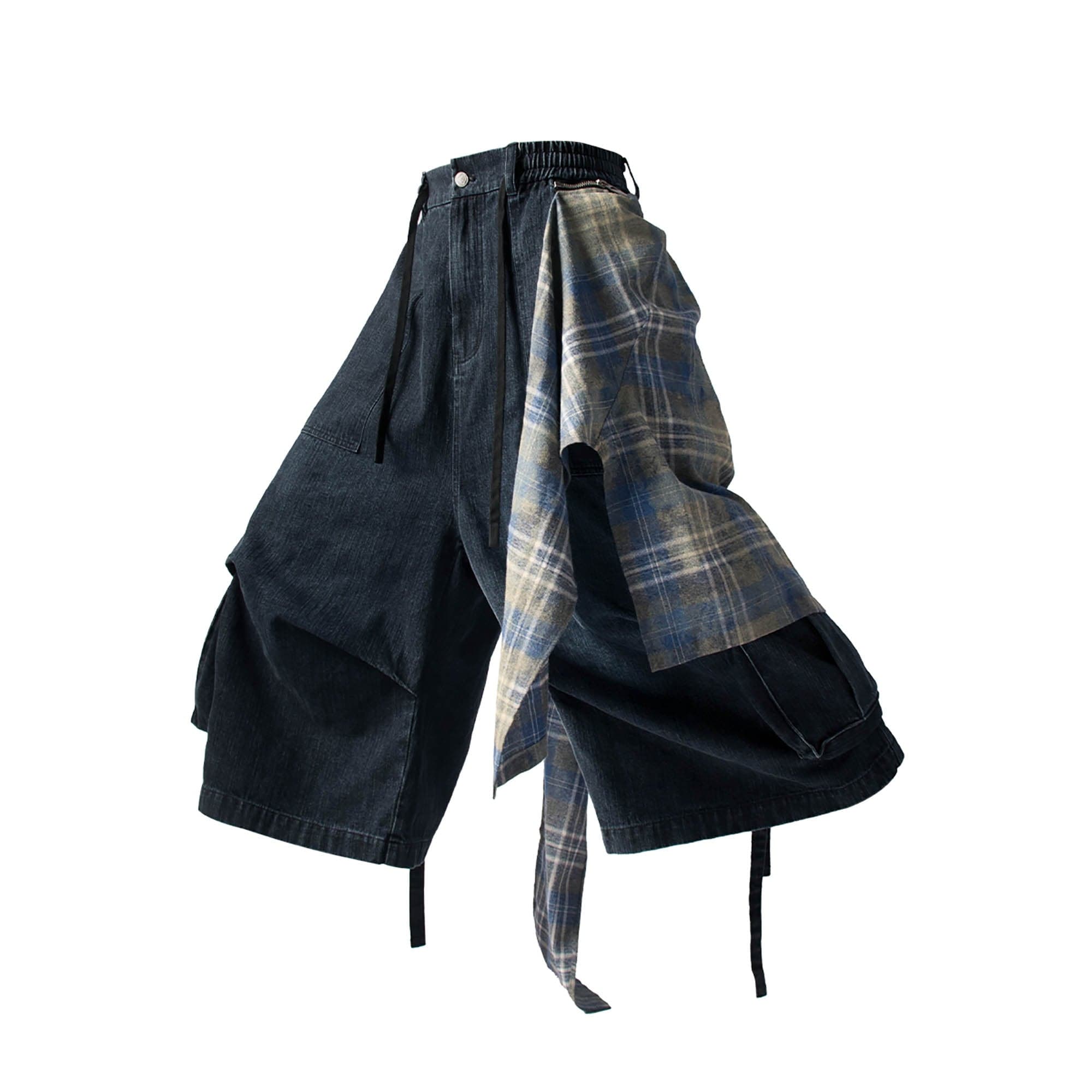 RELABEL Detachable Plaid Drape Denim Shorts