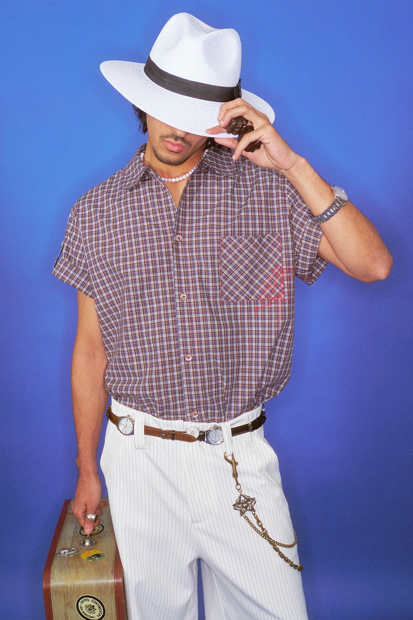 TRECLUB Retro Plaid Embroidered Rolled-Sleeve Half Shirt