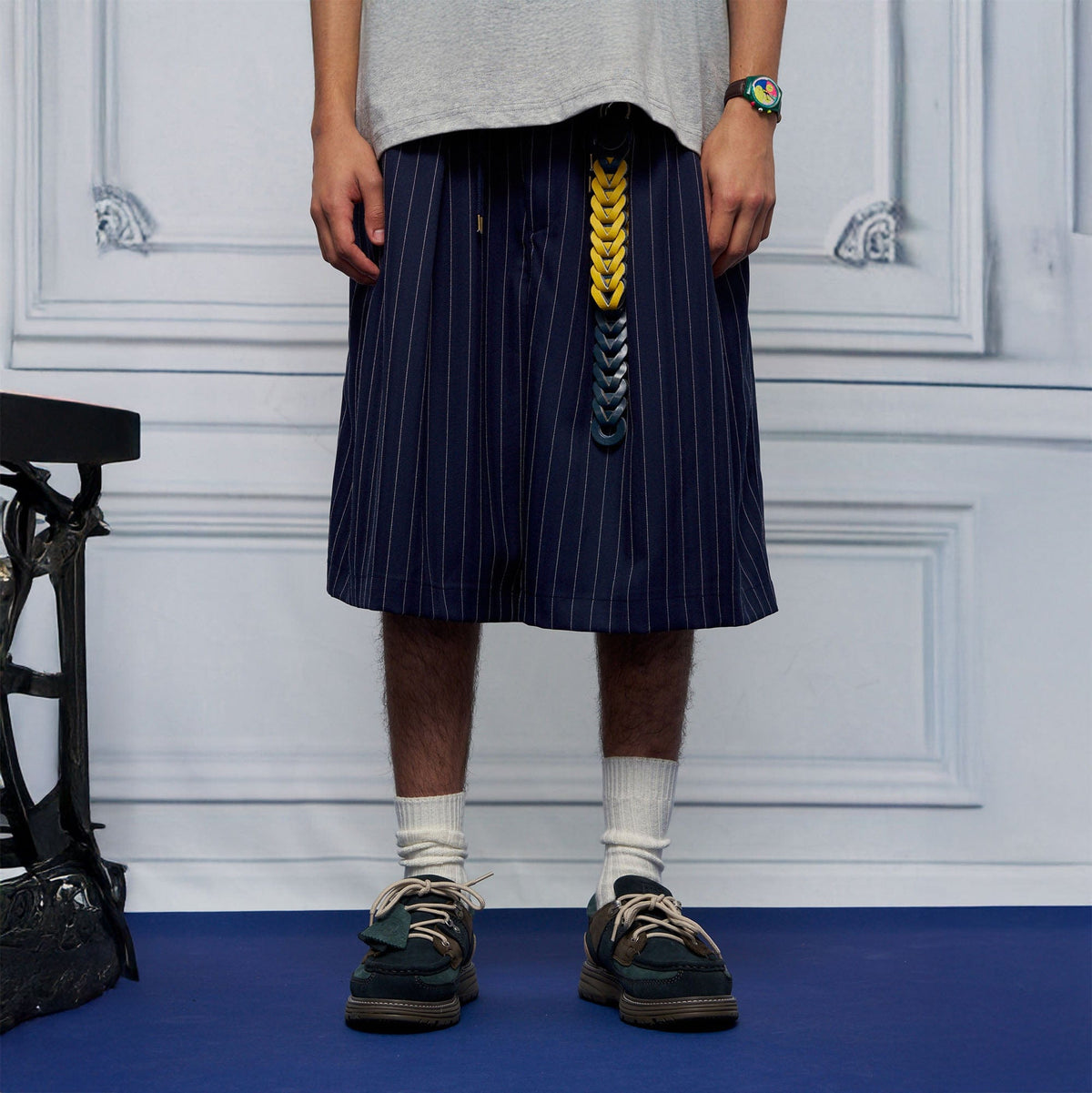 UNLIMITED MOTE Pleated Wide-Leg Drawstring Shorts Stripe