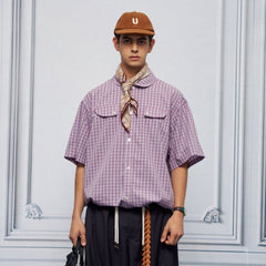 UNLIMITED MOTE Drawstring Hem Plaid Peter Pan Collar Half Shirt