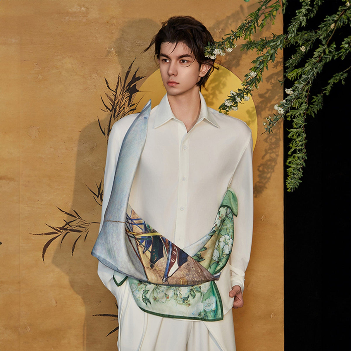 JIECHI Asymmetrical Scarf-Draped Graphics Shirt