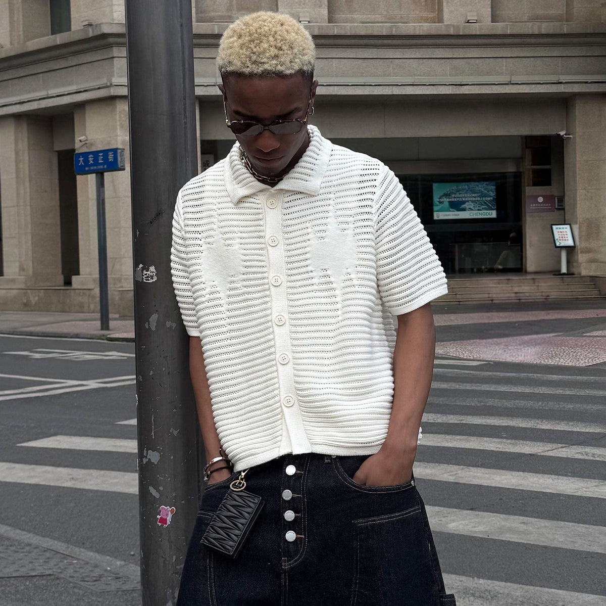STEEPC Hollow-Out Knit Polo Half Shirt