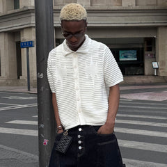STEEPC Hollow-Out Knit Polo Half Shirt