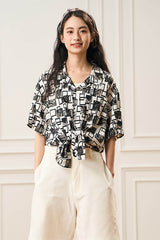 EPIC POETRY Monochrome Collage Grid Cuban Half Shirt