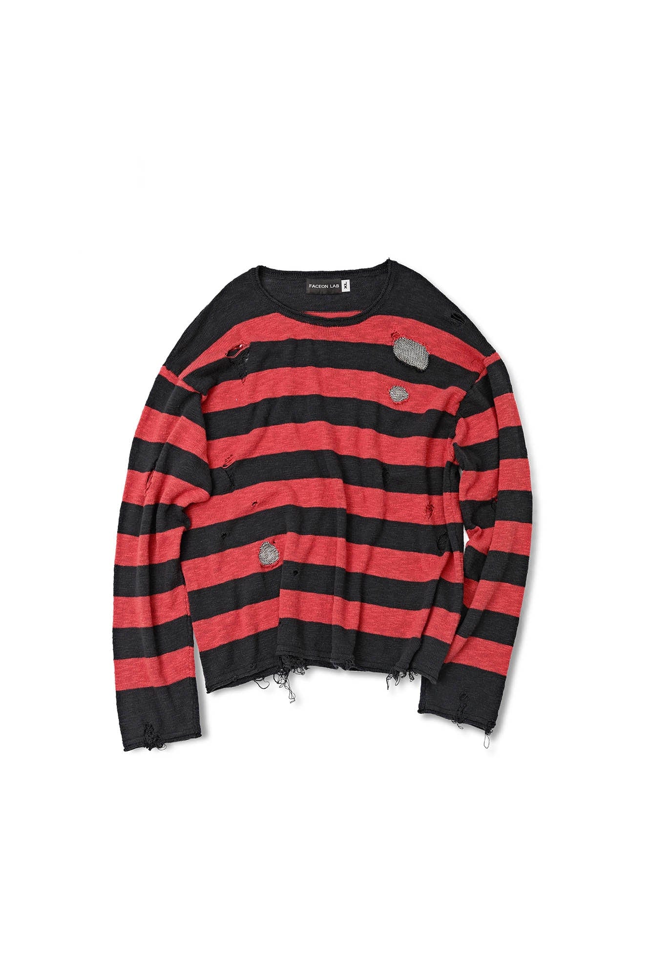 FACEONLAB Stripe Distressed Frayed Crewneck Sweater