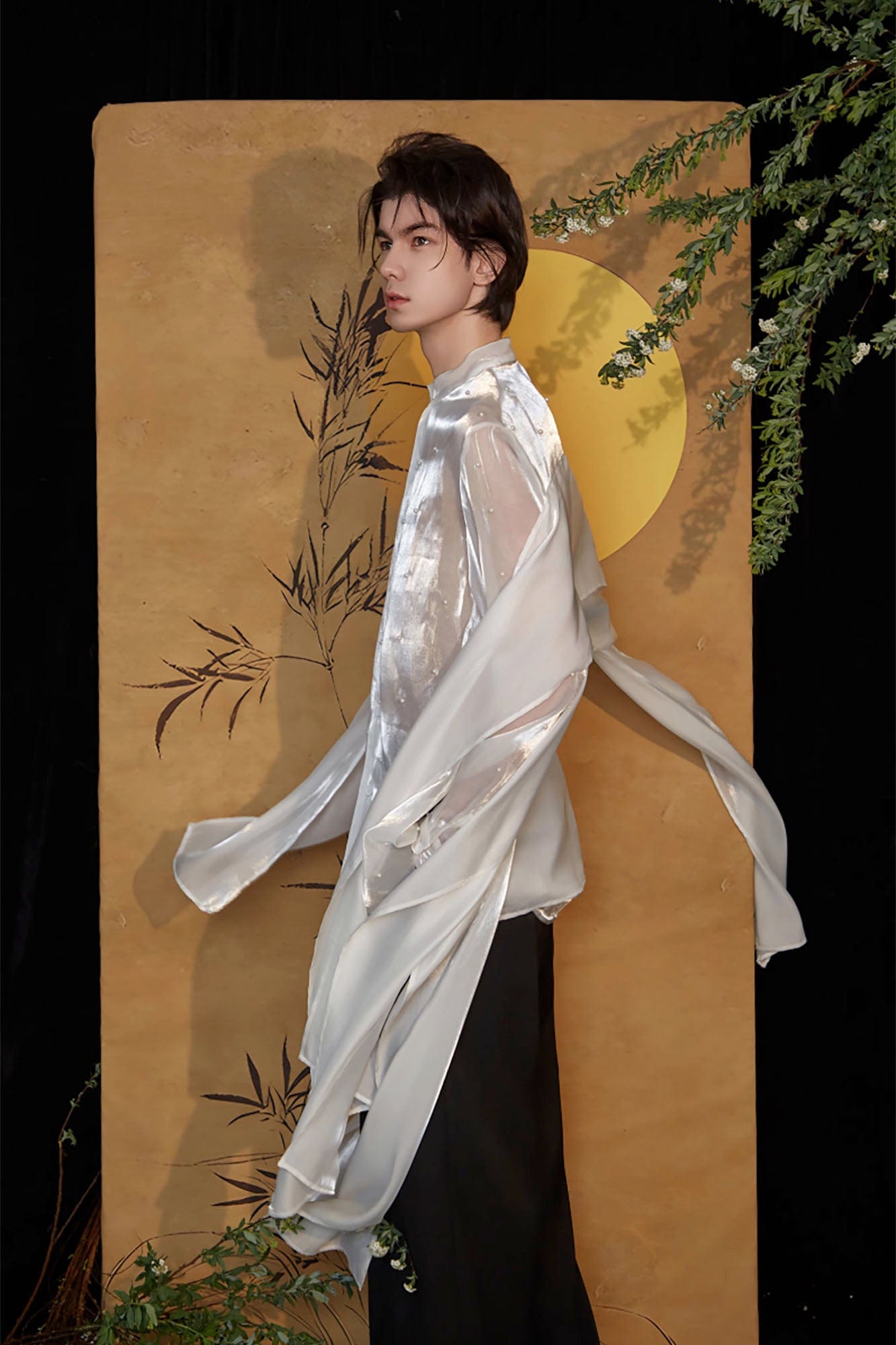 JIECHI Pearl Embroidered Layered Ribbon Organza Shirt