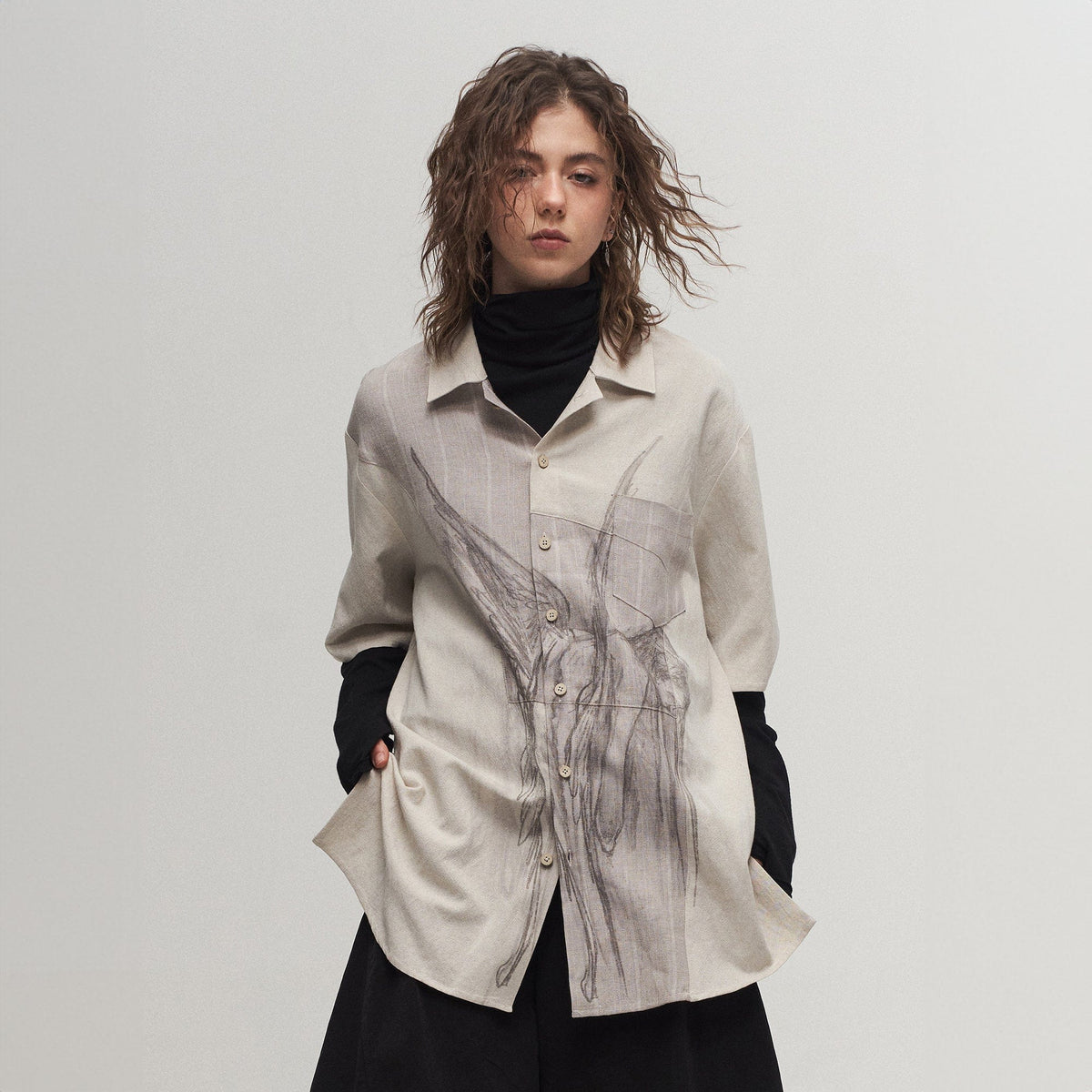 ILNya Nieternite Nifutur Winged Angel Sketch Spliced Half-Sleeve Shirt