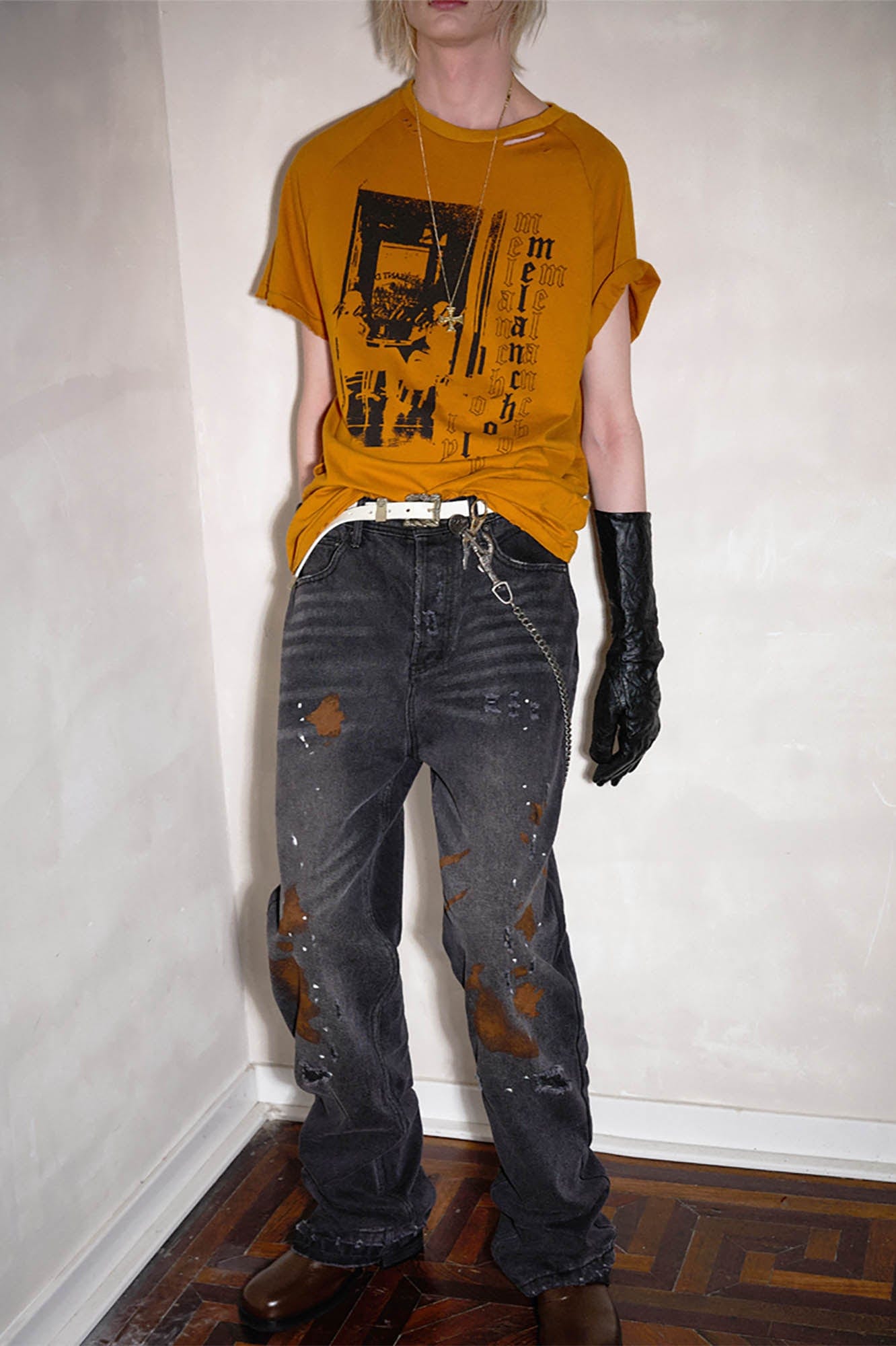 RICHILL Rust-Stained Distressed Flared Jeans