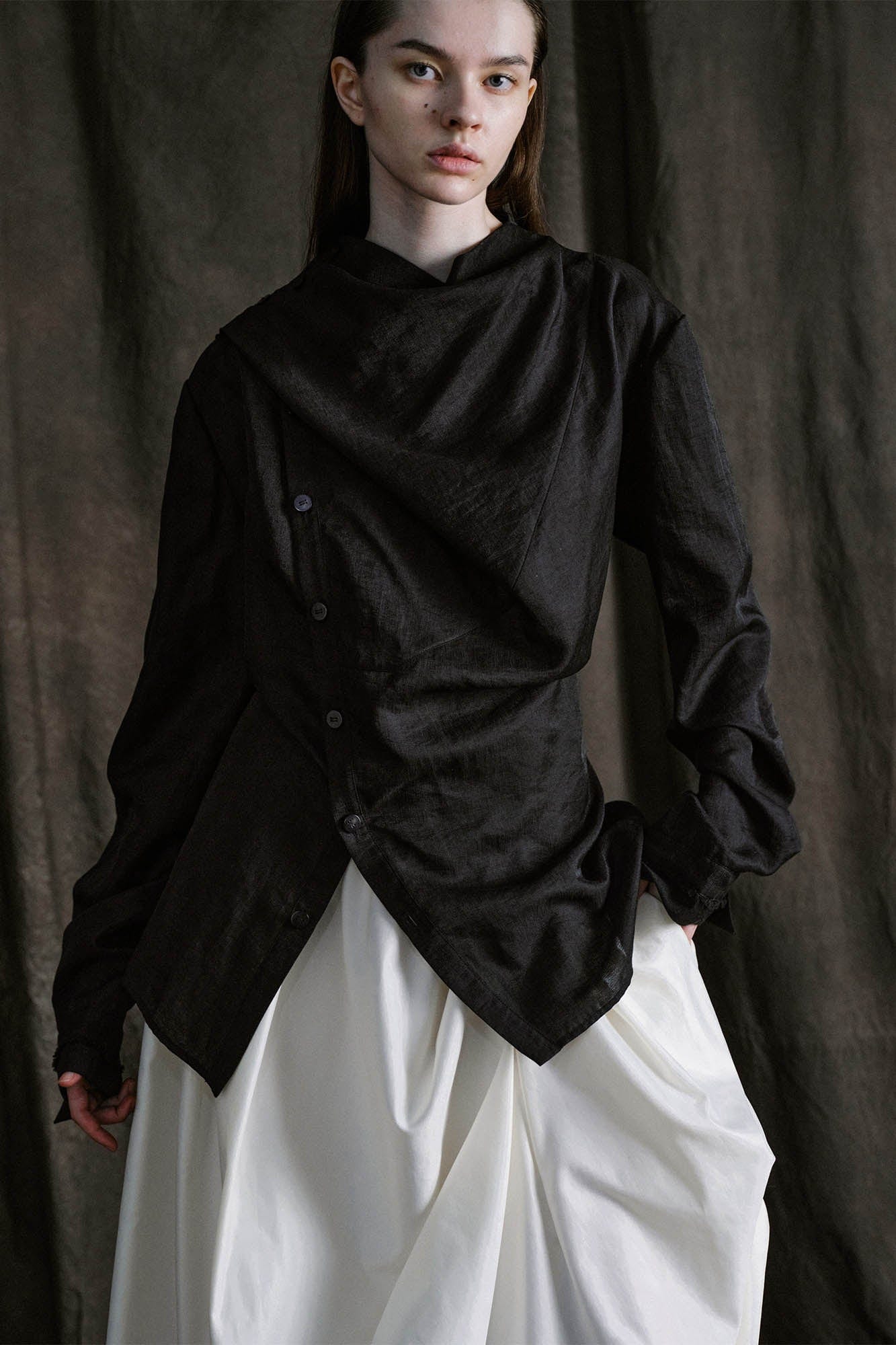 ILNya Nieternite Nifutur Asymmetrical Sheer Draped Button-Up Shirt