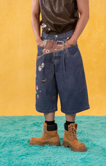 CLP Badge Belt Graphic Cropped Denim Shorts
