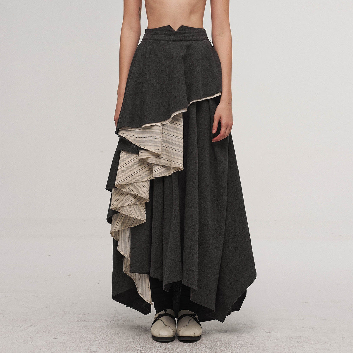 ILNya Nieternite Nifutur Asymmetrical Layered Stripe Ruffled Maxi Skirt